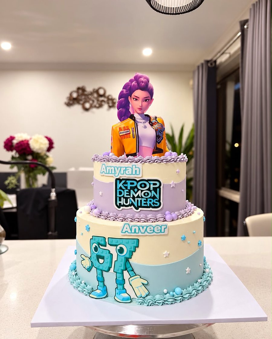 Two-tier K-Pop Demon Hunters themed birthday cake
