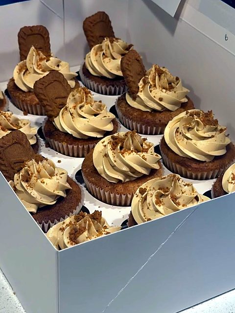 Box of caramel biscuit cupcakes